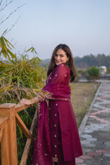 Shreyashi  Verma in Khushnir - Wine Chanderi Embroidered Suit Set