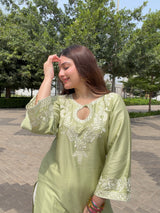 Akshita Rohilla in VEYA - Green Embroidered Cotton Co-ord Set.