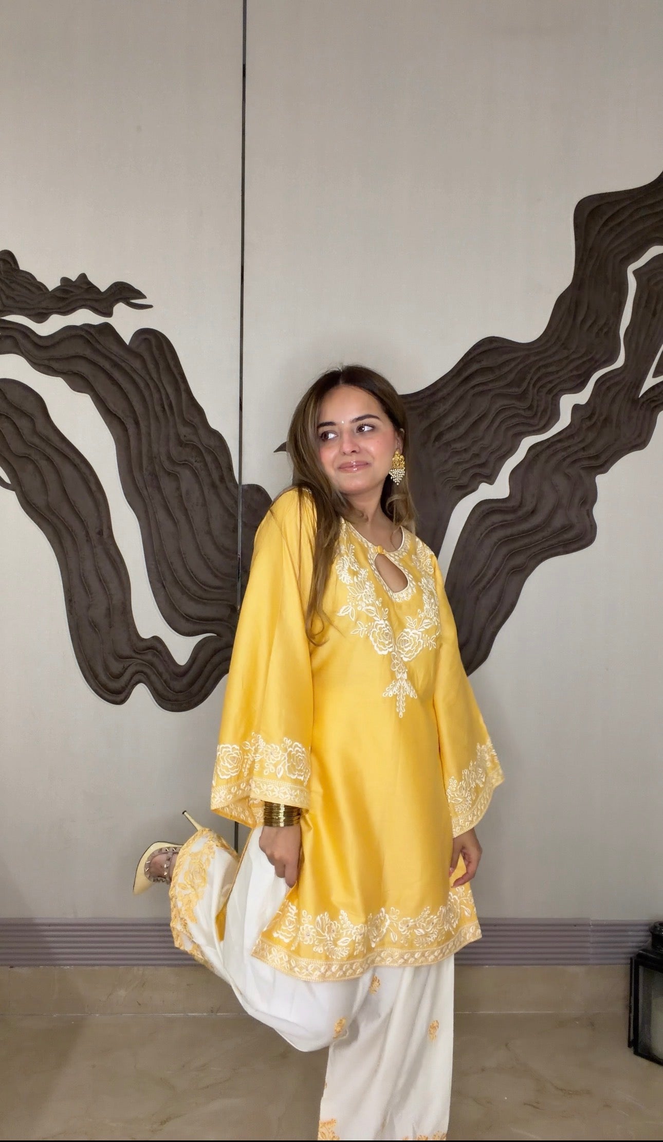 Meera Sachdeva in SORA - Yellow Embroidered Cotton Co-ord Set.