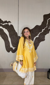 Meera Sachdeva in SORA - Yellow Embroidered Cotton Co-ord Set.