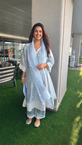 Harleen Sethi in RUMI - Ice Blue Chanderi A-line Suit Set