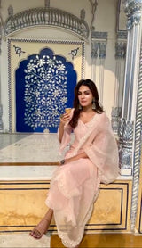Rhea Chakraborty in Kamal - Peach Chanderi Embroidered Suit Set.