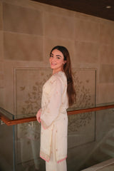 Riya Bedi in Moghra - Ivory White Chanderi Embroidered Suit Set.