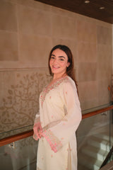 Riya Bedi in Moghra - Ivory White Chanderi Embroidered Suit Set.