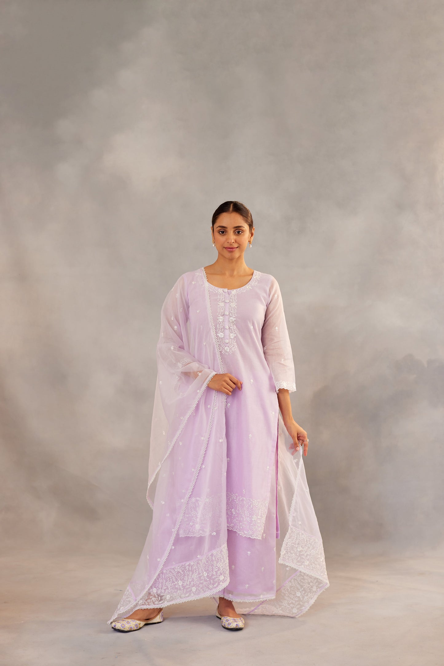 Shreya Lakhani in Aparajita - Lavender Chanderi Embroidered Suit Set.