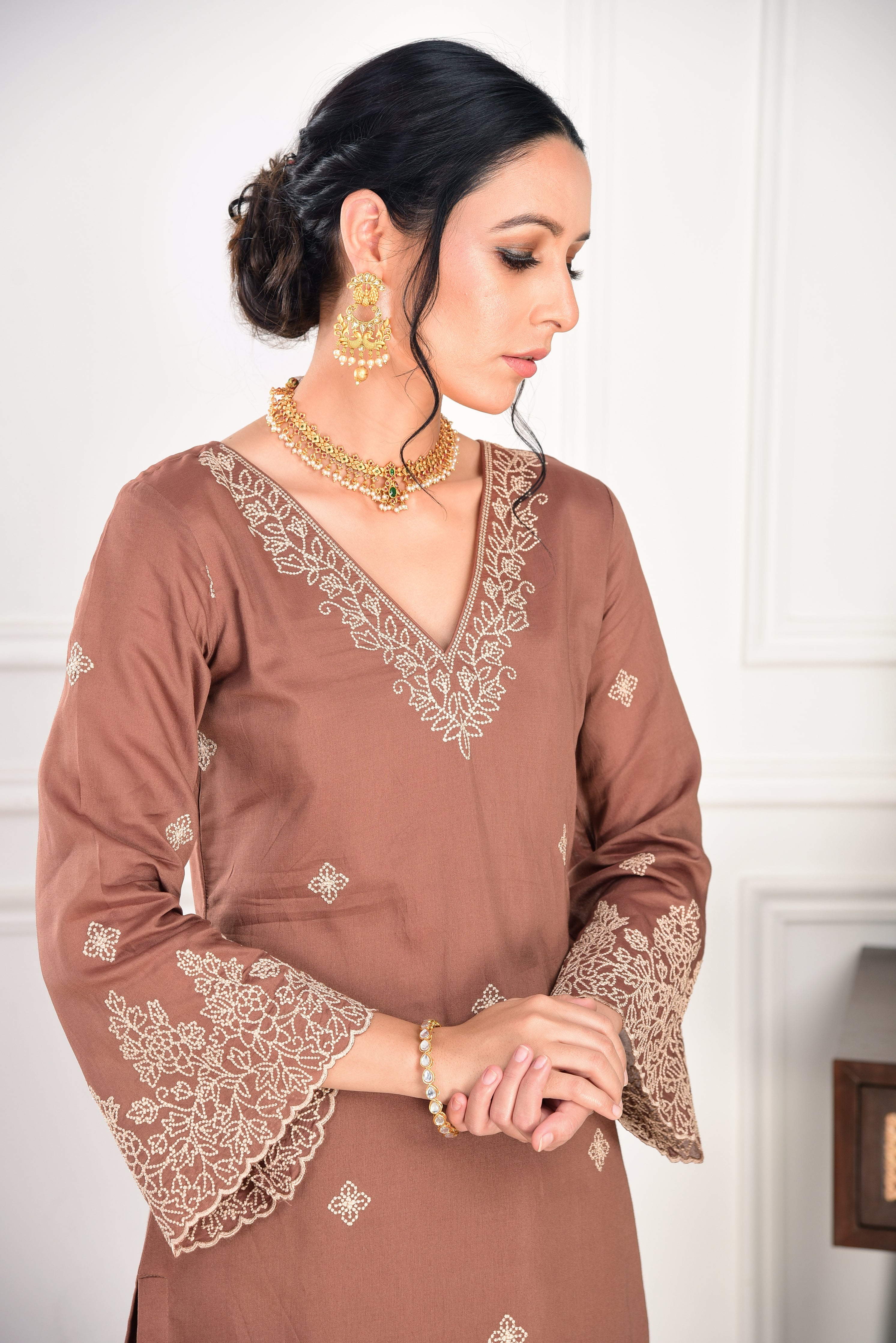 Eva Makker in Walnut Brown Chanderi Silk Suit Set