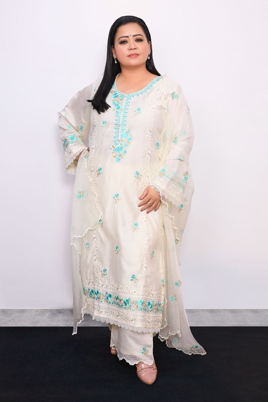 Bharti Singh in Banphool - Ivory White Chanderi Embroidered Suit Set.