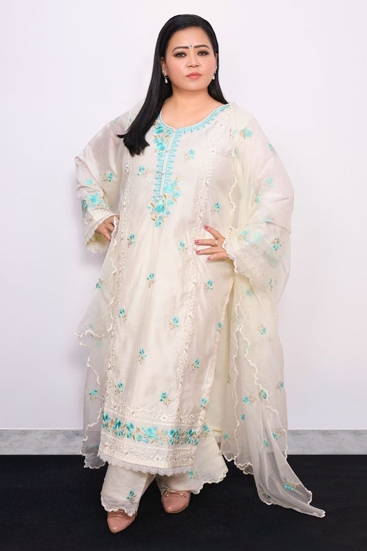 Bharti Singh in Banphool - Ivory White Chanderi Embroidered Suit Set.