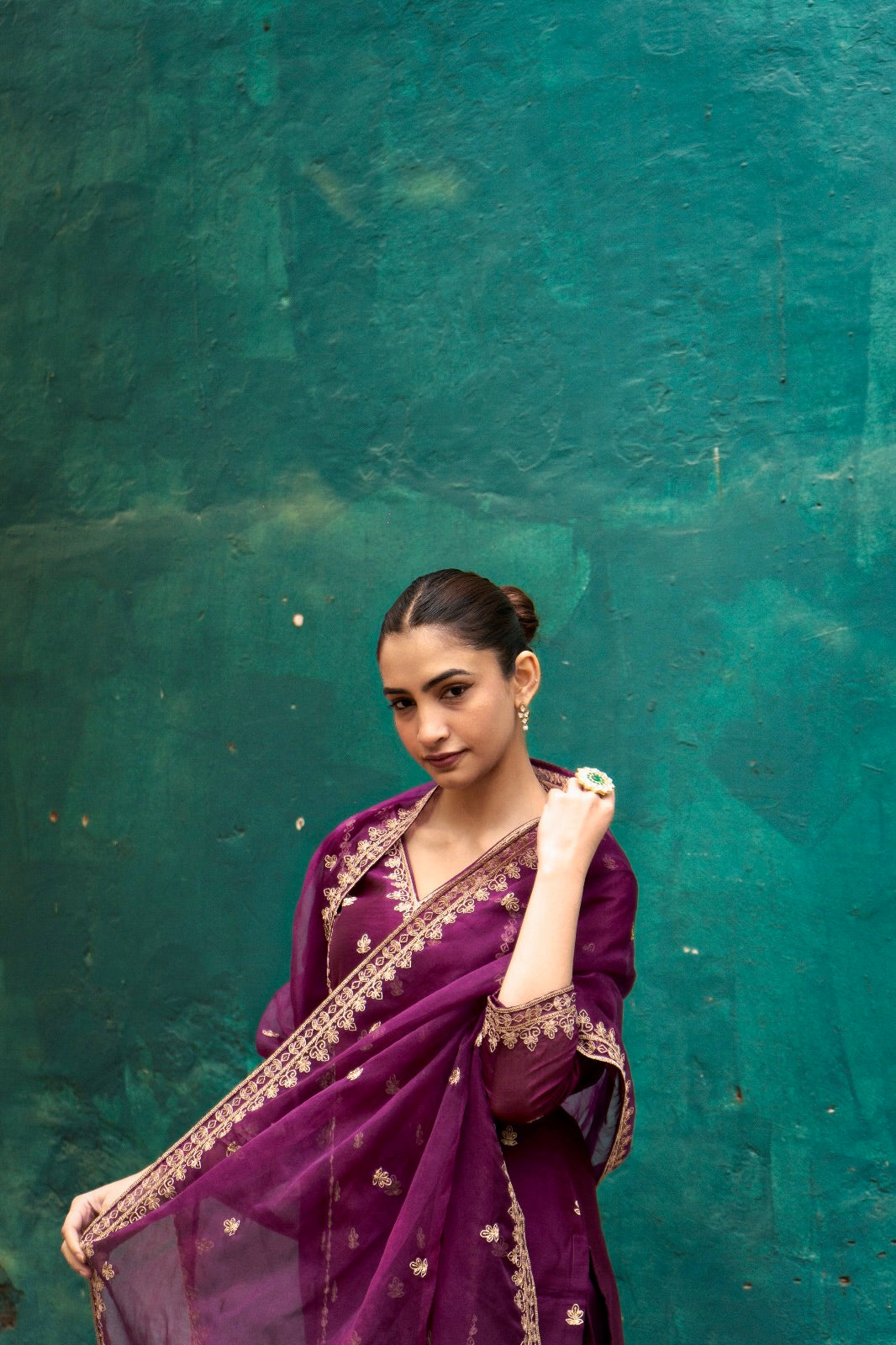 Shreya Lakhani in Khushnir - Wine Chanderi Embroidered Suit Set