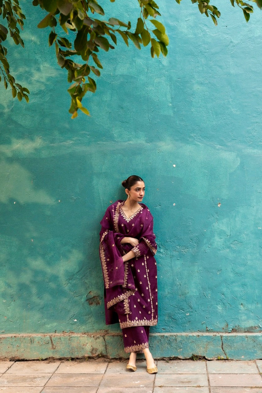 Shreya Lakhani in Khushnir - Wine Chanderi Embroidered Suit Set