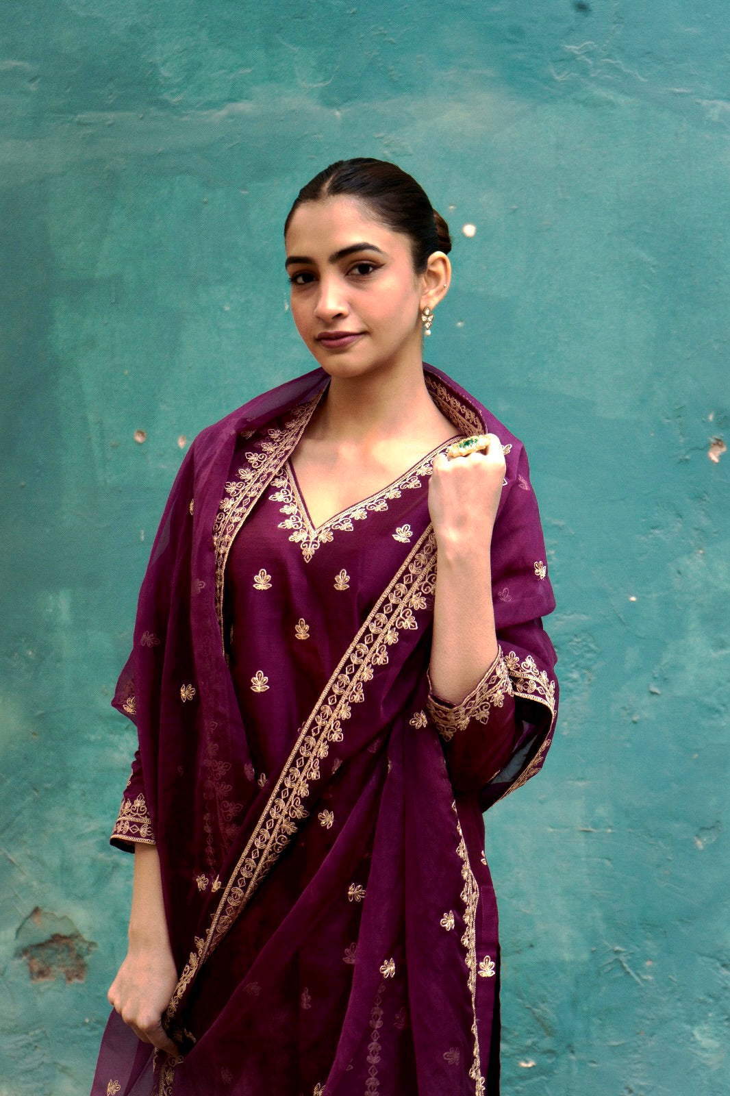 Shreya Lakhani in Khushnir - Wine Chanderi Embroidered Suit Set