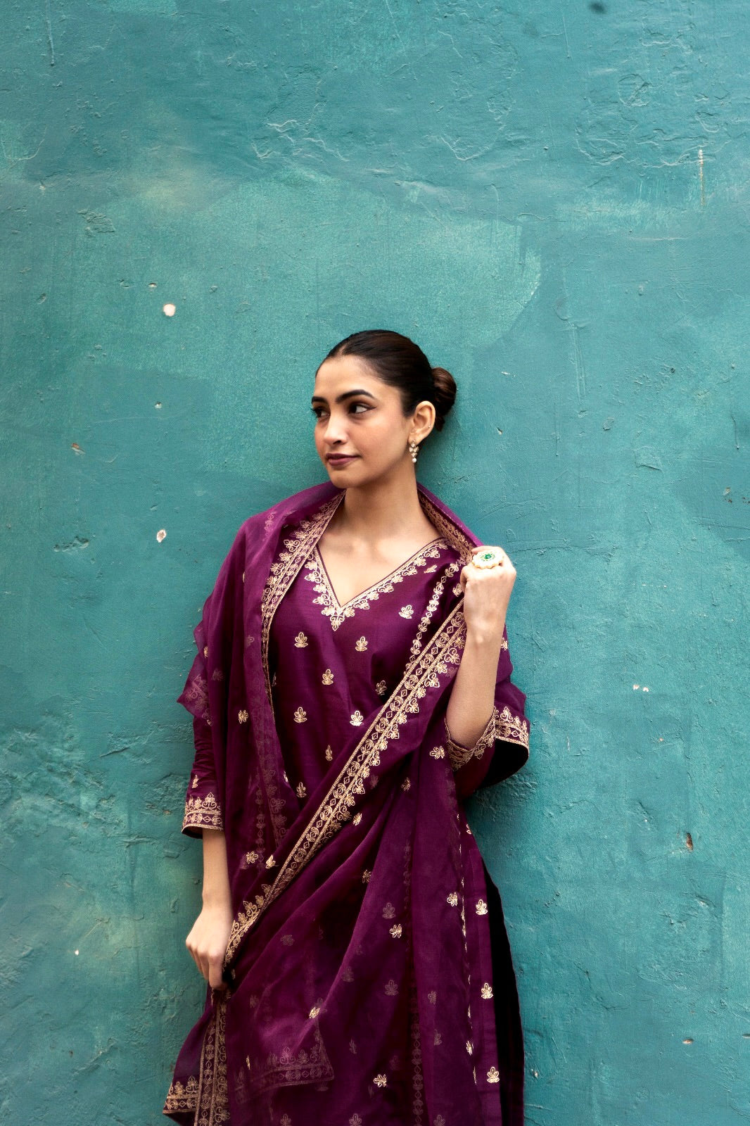 Shreya Lakhani in Khushnir - Wine Chanderi Embroidered Suit Set