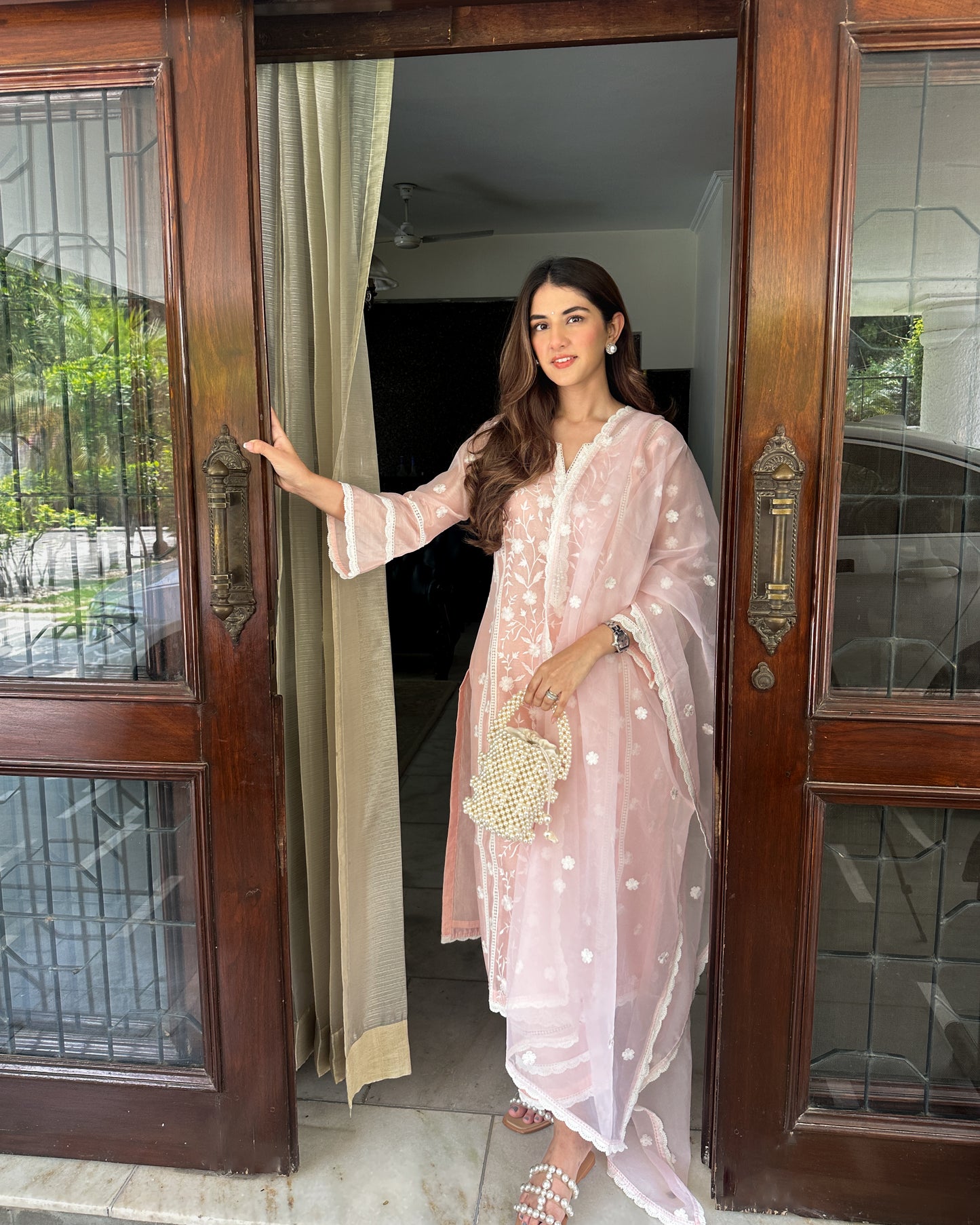 Meher Taluja in Gulbagh - Peach Embroidered Suit Set.