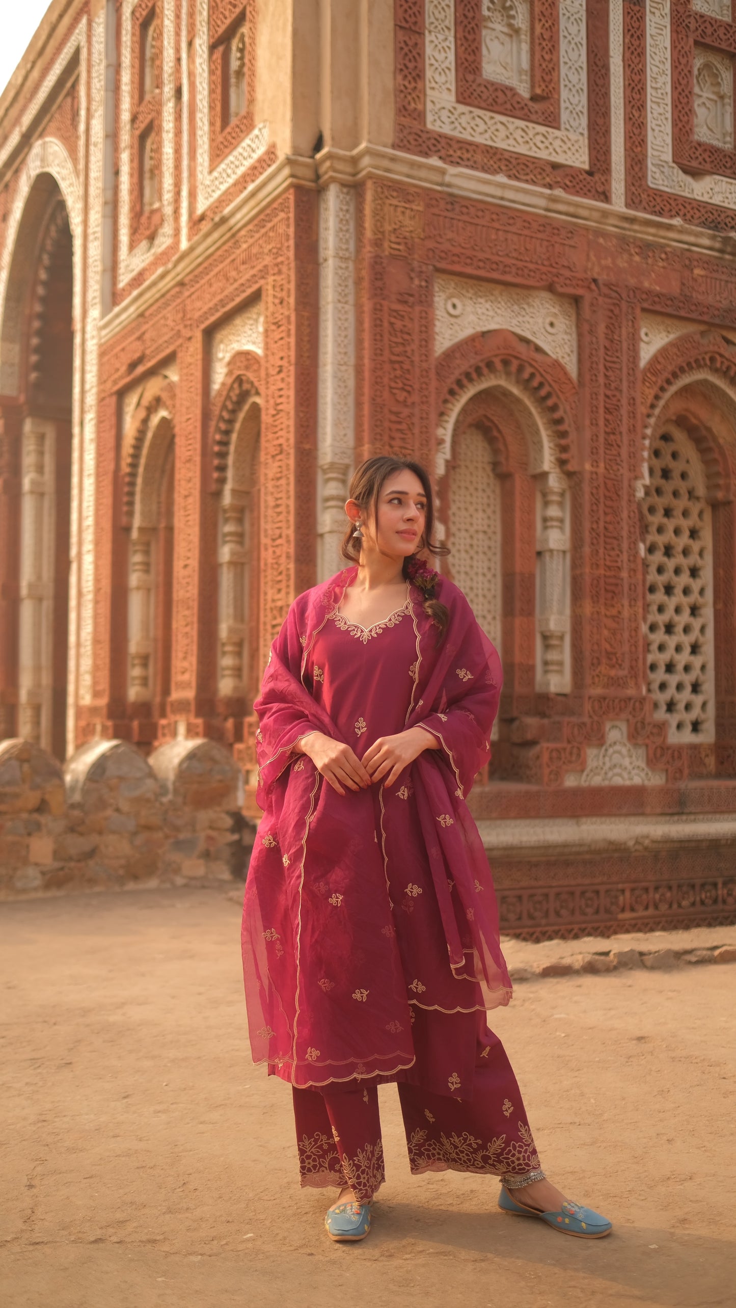 Shivani Pancholi in Khila - Wine Chanderi Embroidered Suit Set