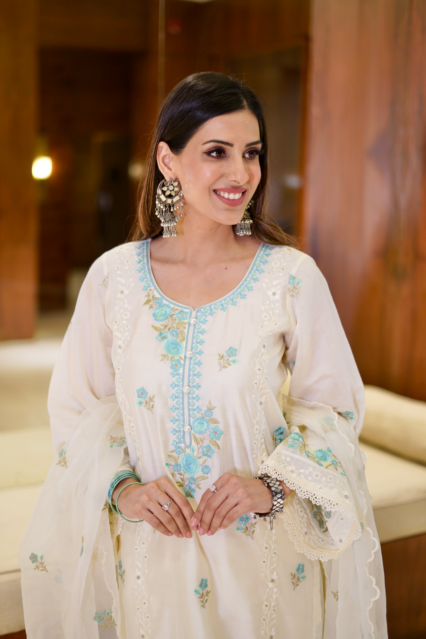 Shruti Juneja in Banphool - Ivory White Chanderi Embroidered Suit Set.