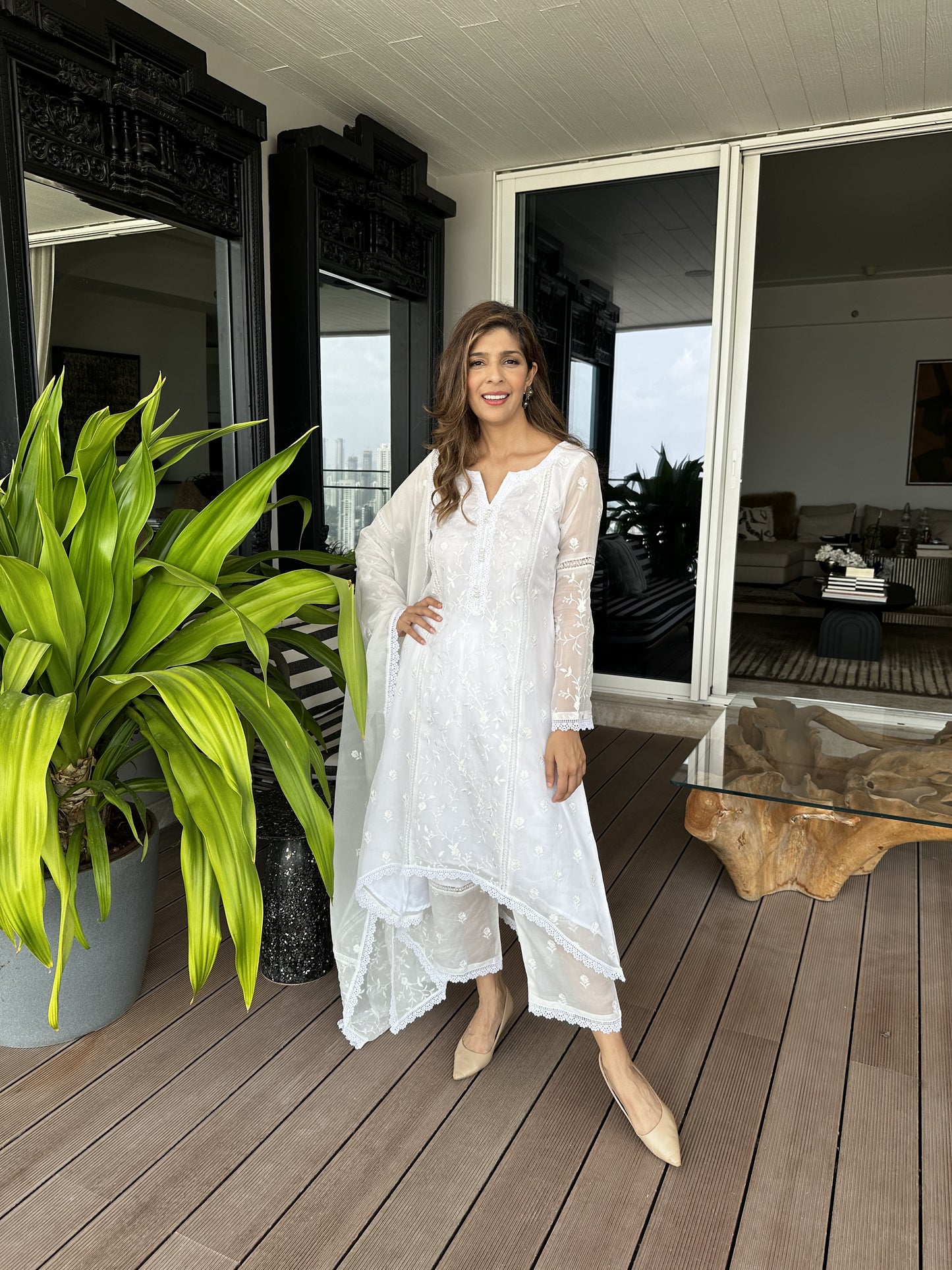 Mallika Singhania in Aseem Ivory White Embroidered A-Line Suit Set