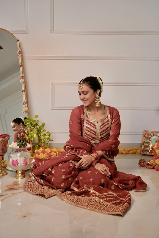 Divya Sabhlok in SIYAH - Rust Organza Sharara Set