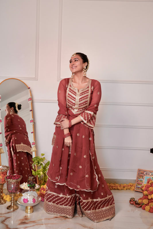 Divya Sabhlok in SIYAH - Rust Organza Sharara Set