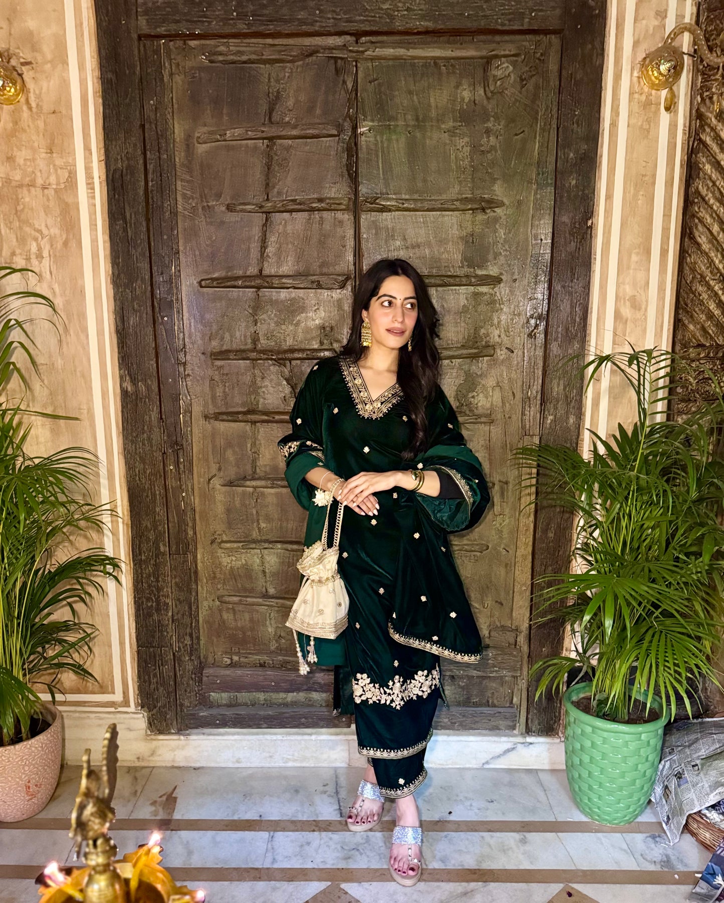 Nikita Chawla in GOONJ - Velvet Green Straight Suit Set.