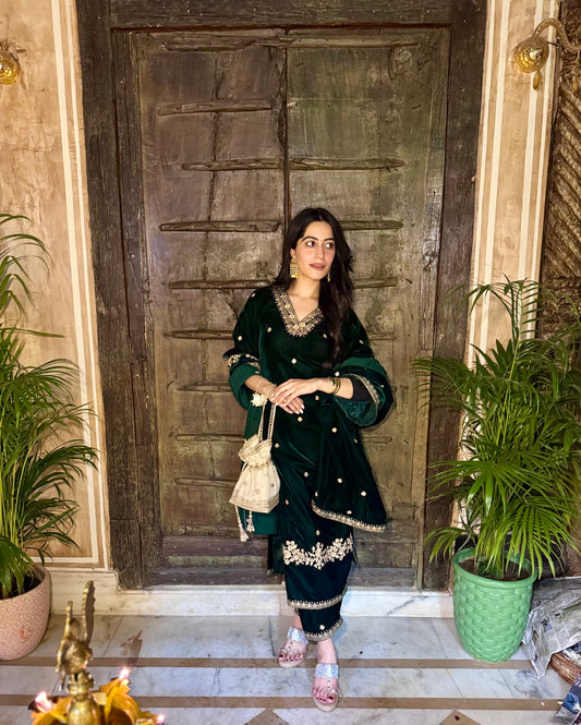 Nikita Chawla in GOONJ - Velvet Green Straight Suit Set.