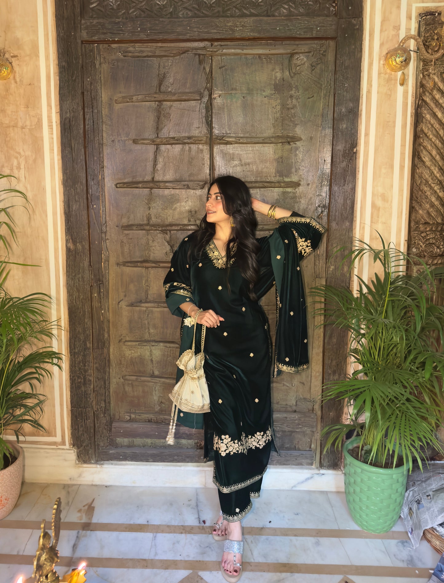 Nikita Chawla in GOONJ - Velvet Green Straight Suit Set.