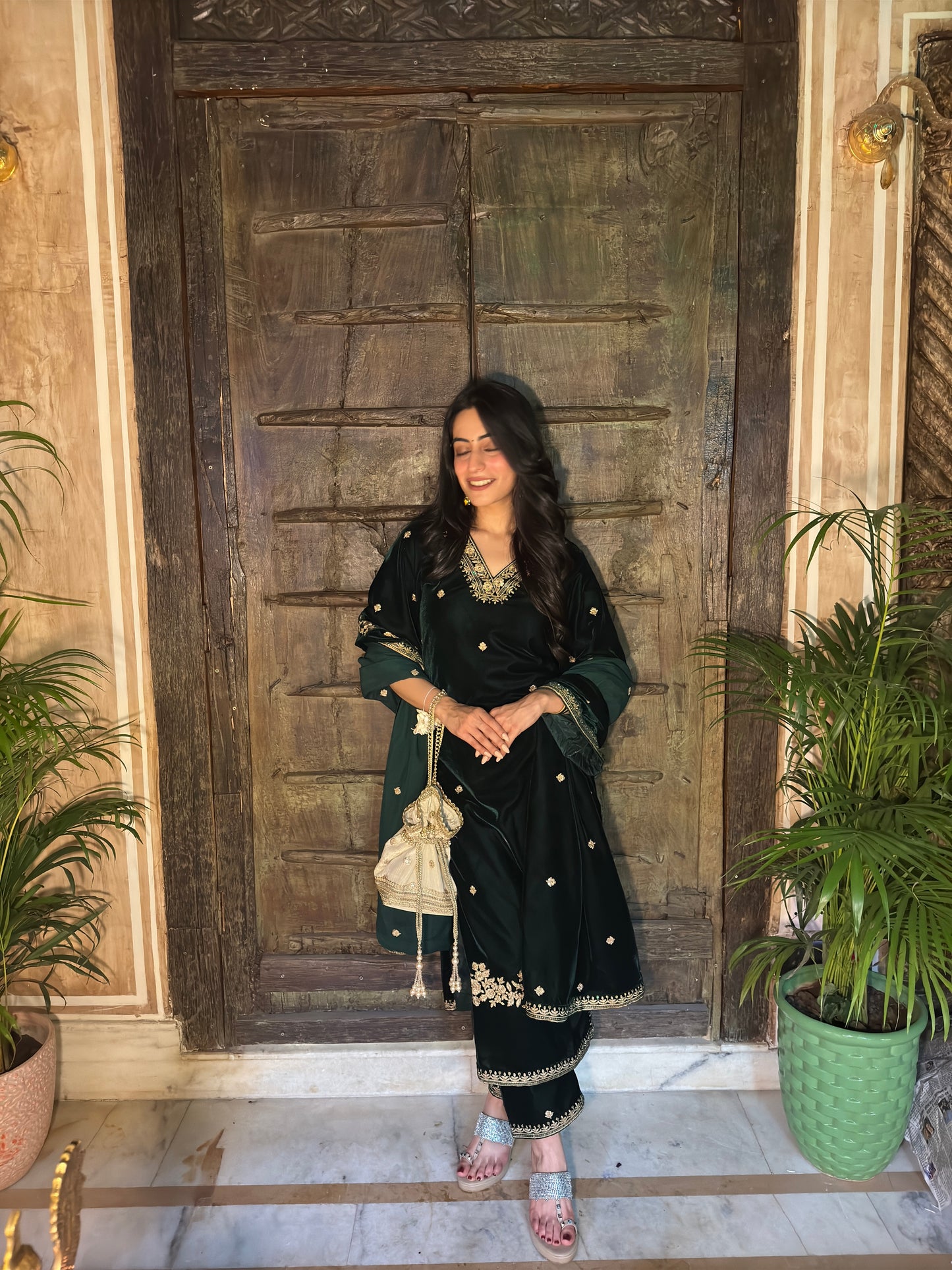 Nikita Chawla in GOONJ - Velvet Green Straight Suit Set.