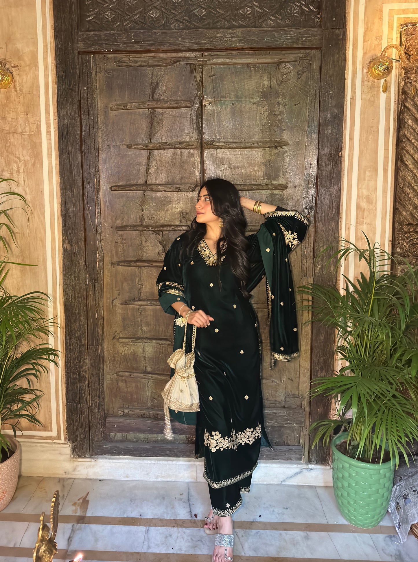 Nikita Chawla in GOONJ - Velvet Green Straight Suit Set.