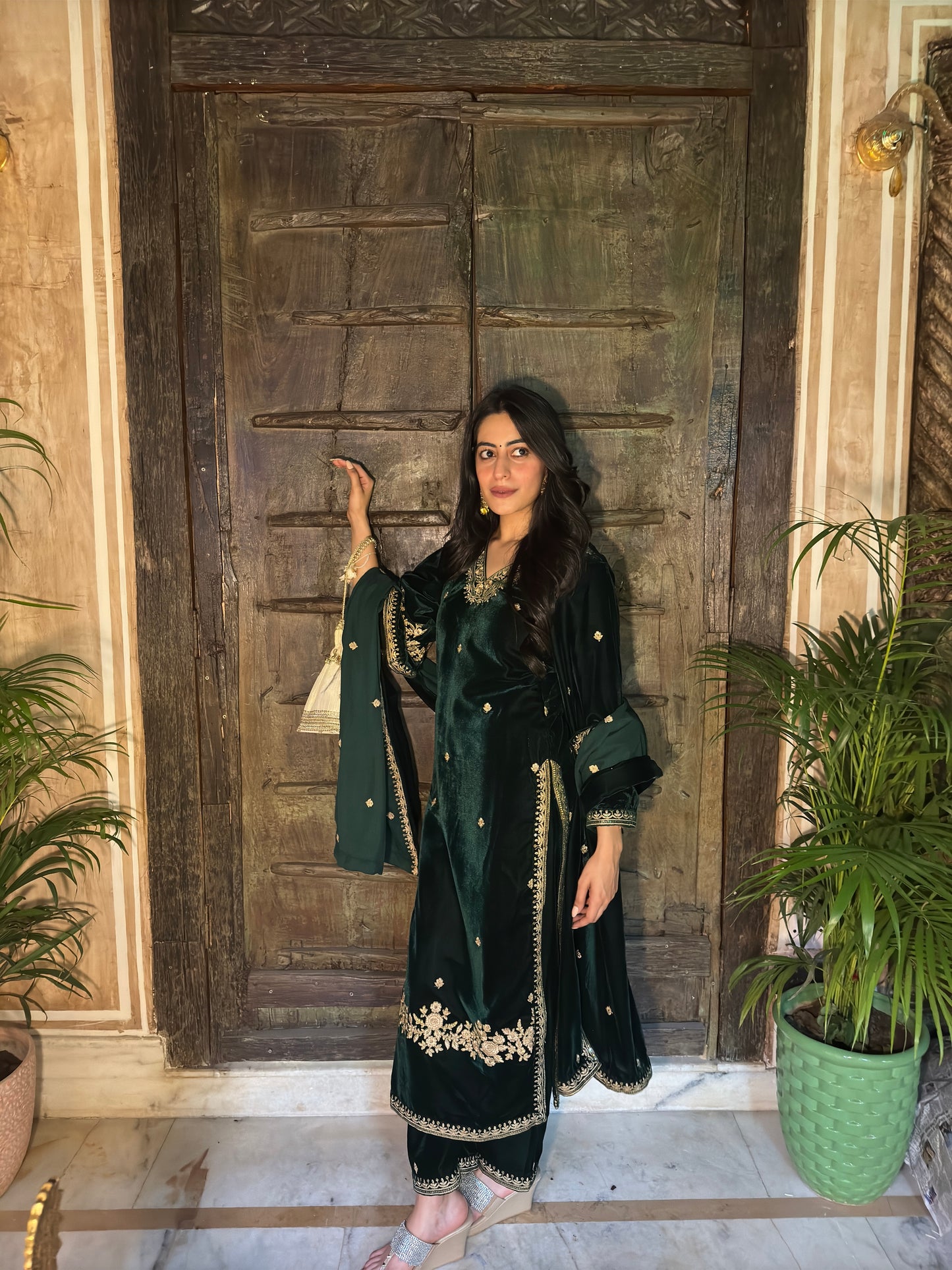 Nikita Chawla in GOONJ - Velvet Green Straight Suit Set.