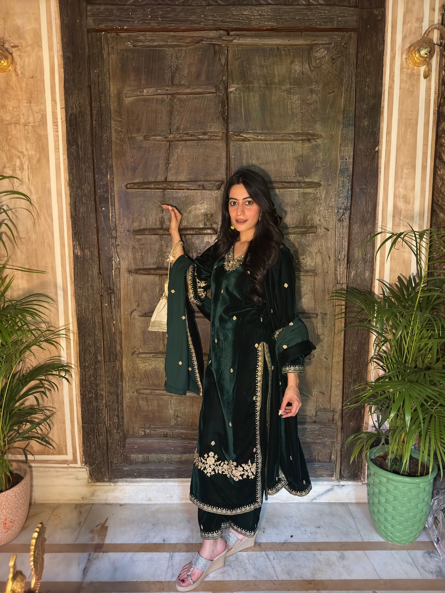 Nikita Chawla in GOONJ - Velvet Green Straight Suit Set.