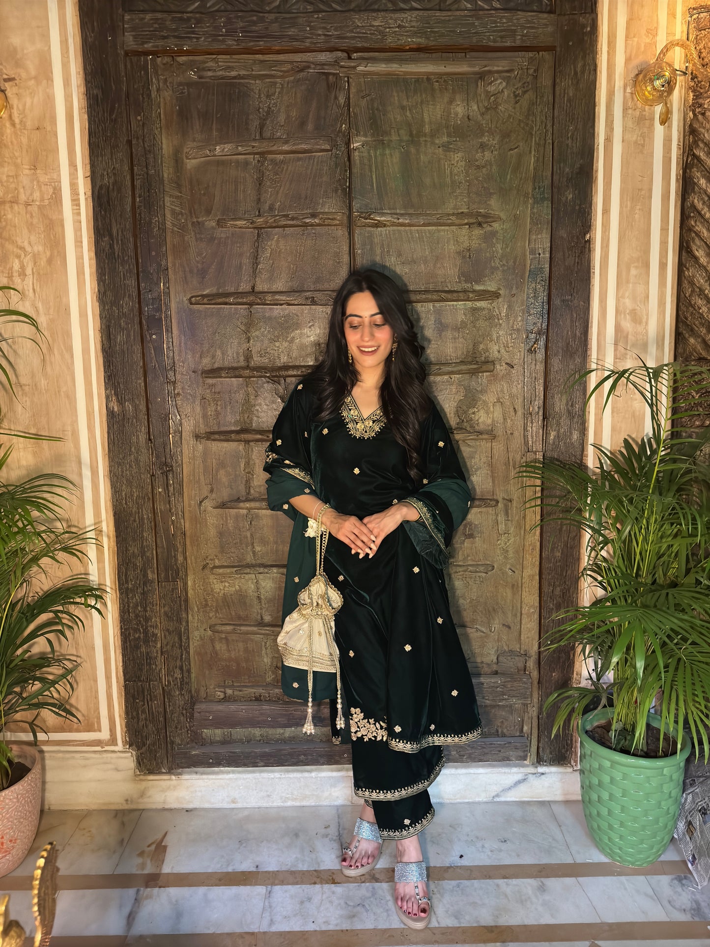 Nikita Chawla in GOONJ - Velvet Green Straight Suit Set.