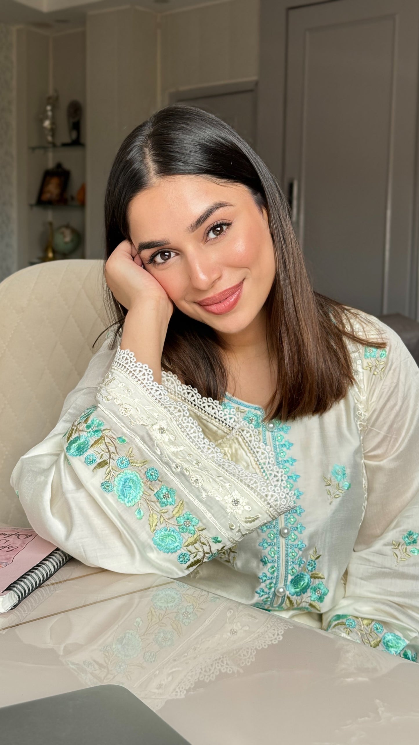 Navya Arya in Banphool - Ivory White Chanderi Embroidered Suit Set.