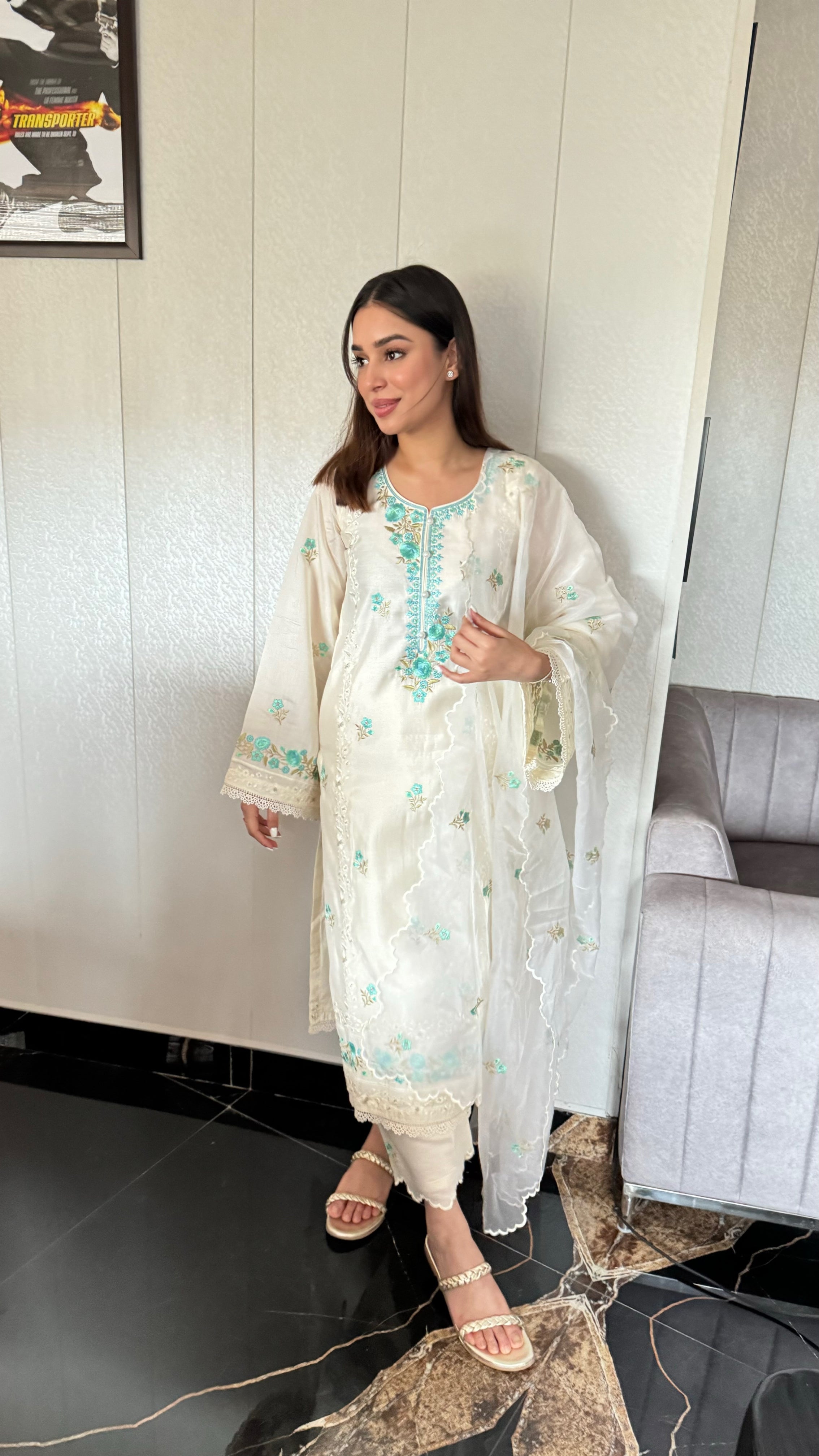 Navya Arya in Banphool - Ivory White Chanderi Embroidered Suit Set.