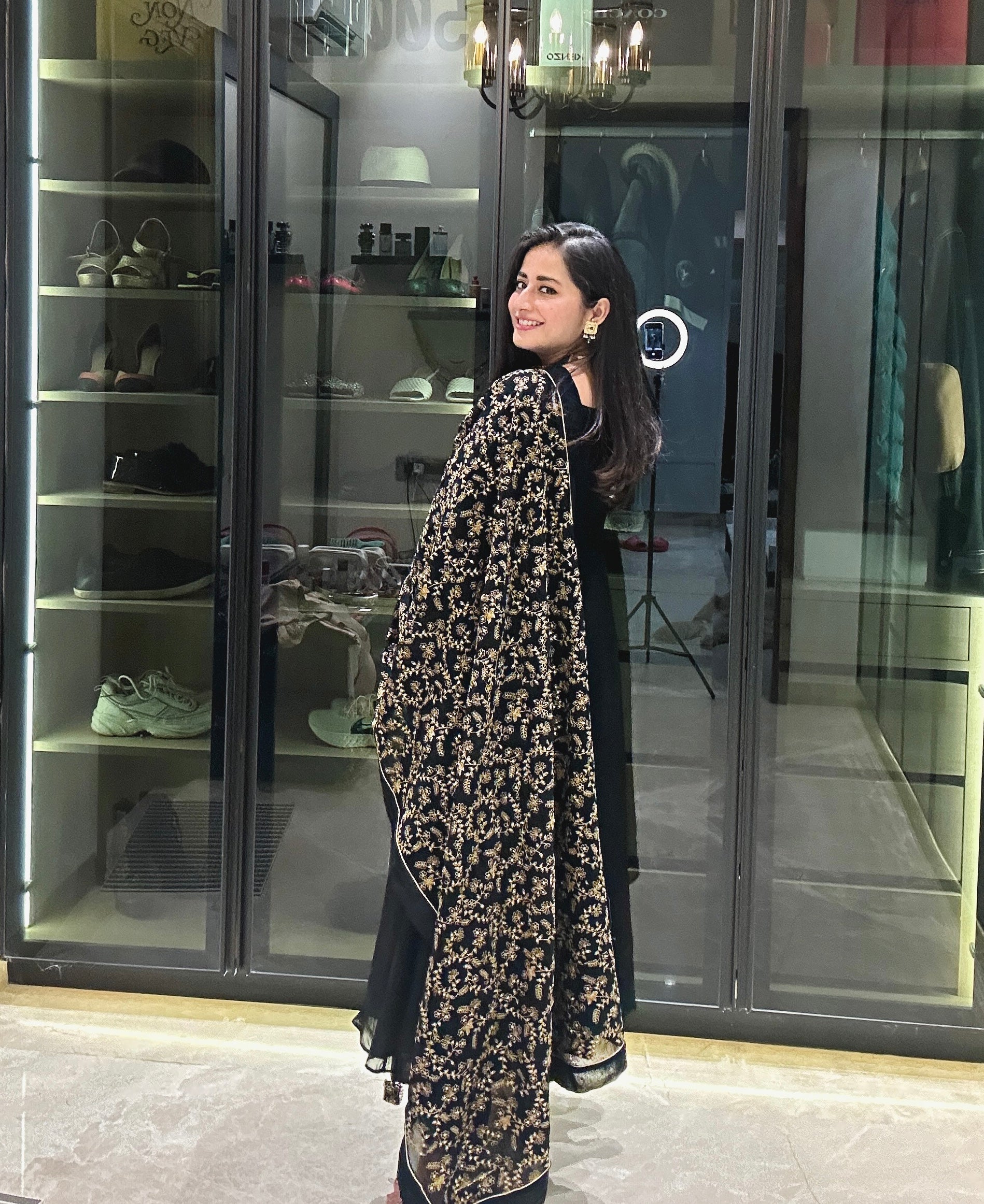 Yamini Bisht in Sunehri Black Angrakha Anarkali Set