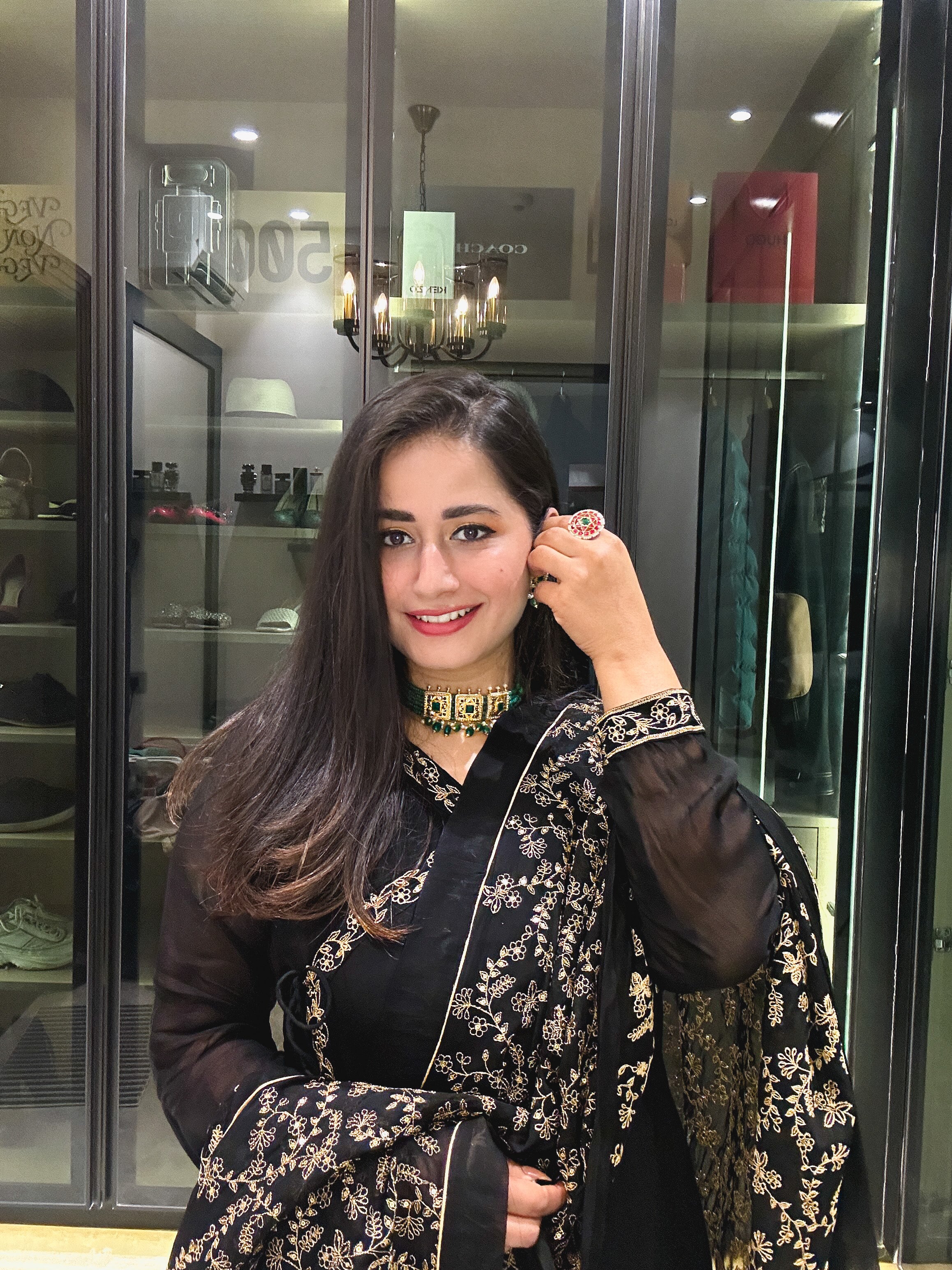 Yamini Bisht in Sunehri Black Angrakha Anarkali Set