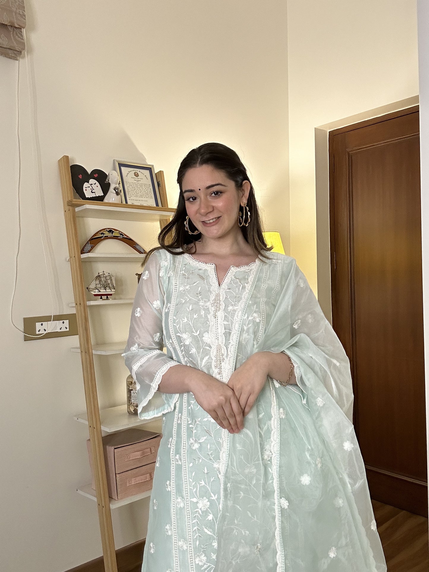 Sana Grover in Gulbahar - Mint Green Embroidered Suit Set.