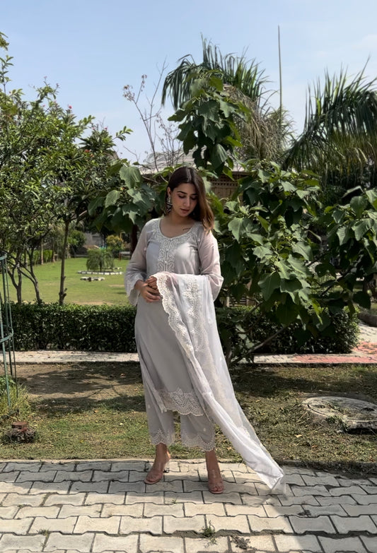 Simran Kaur in Silver Grey Chanderi Suit Set