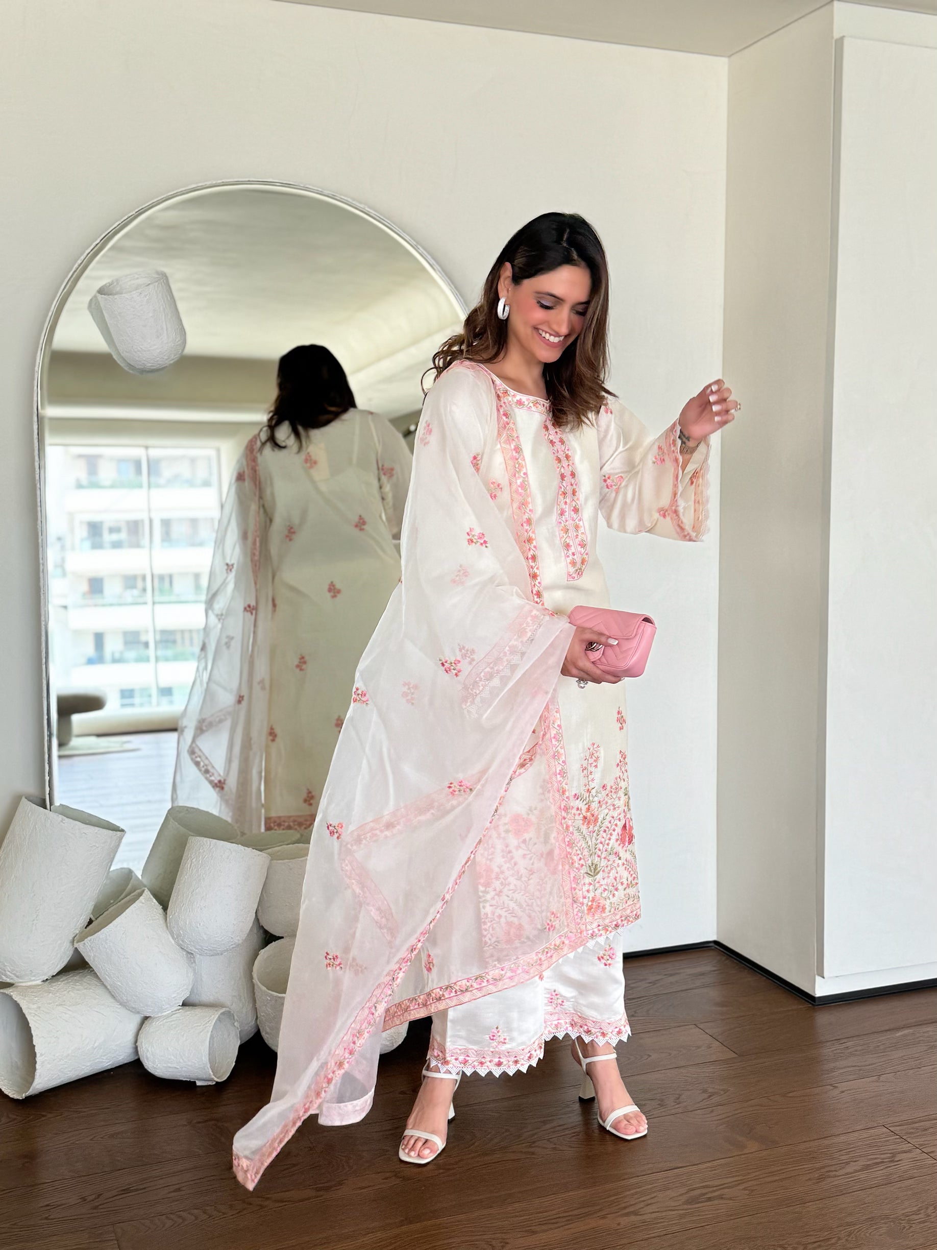 Richa Begani in Gul-Khera - Ivory White Chanderi Embroidered Suit Set.