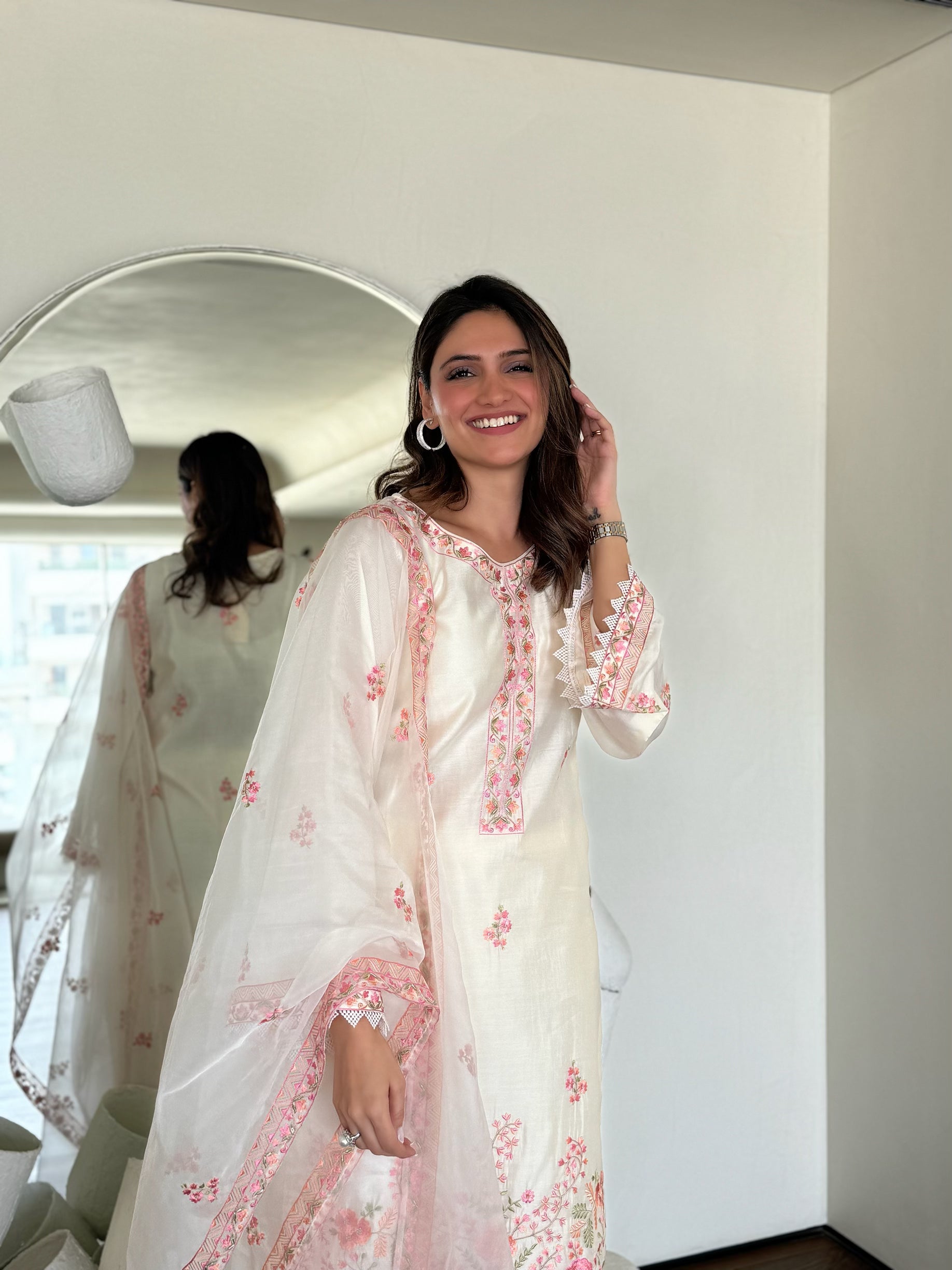 Richa Begani in Gul-Khera - Ivory White Chanderi Embroidered Suit Set.