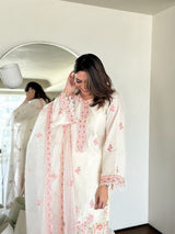 Richa Begani in Gul-Khera - Ivory White Chanderi Embroidered Suit Set.