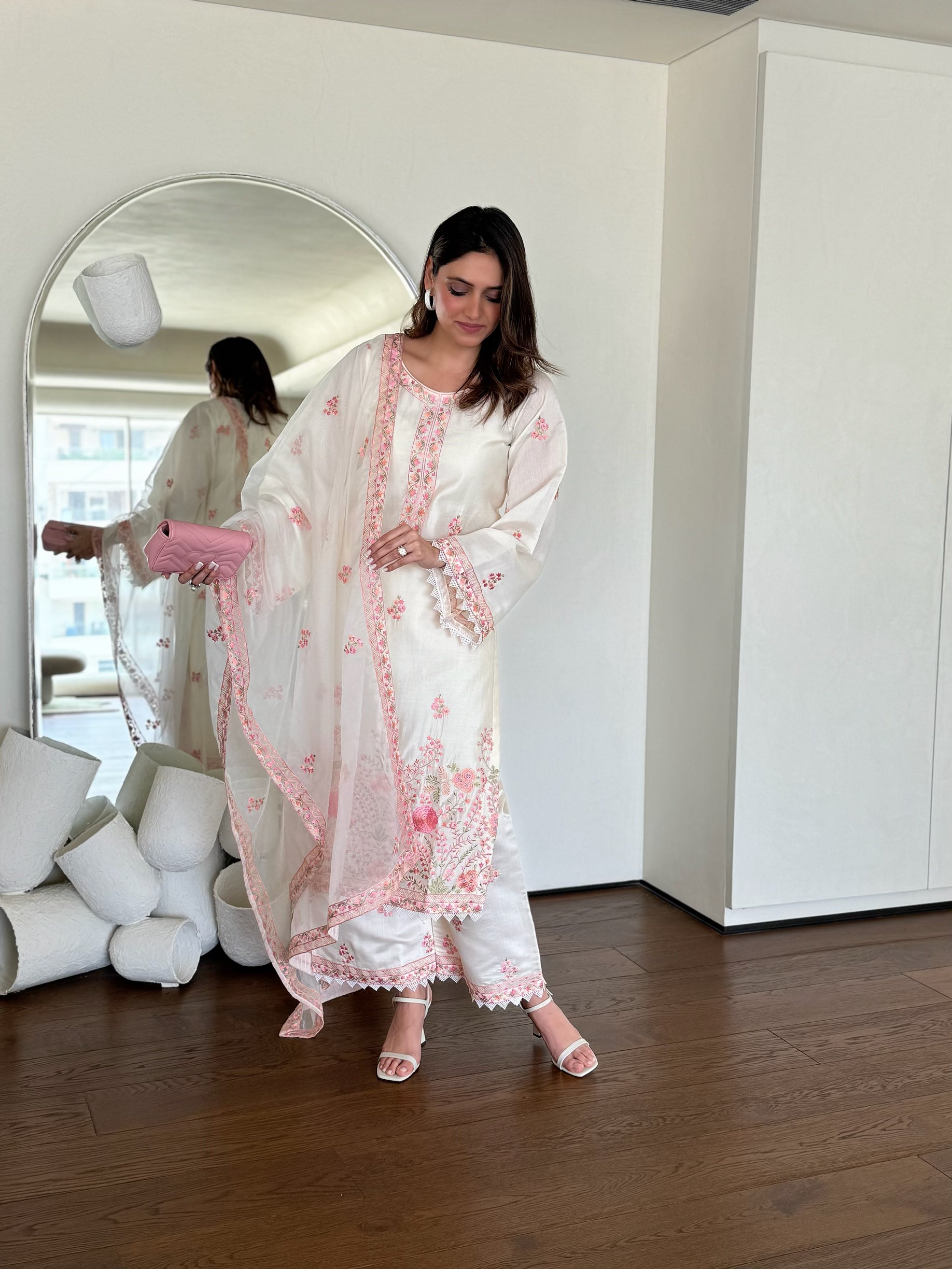 Richa Begani in Gul-Khera - Ivory White Chanderi Embroidered Suit Set.