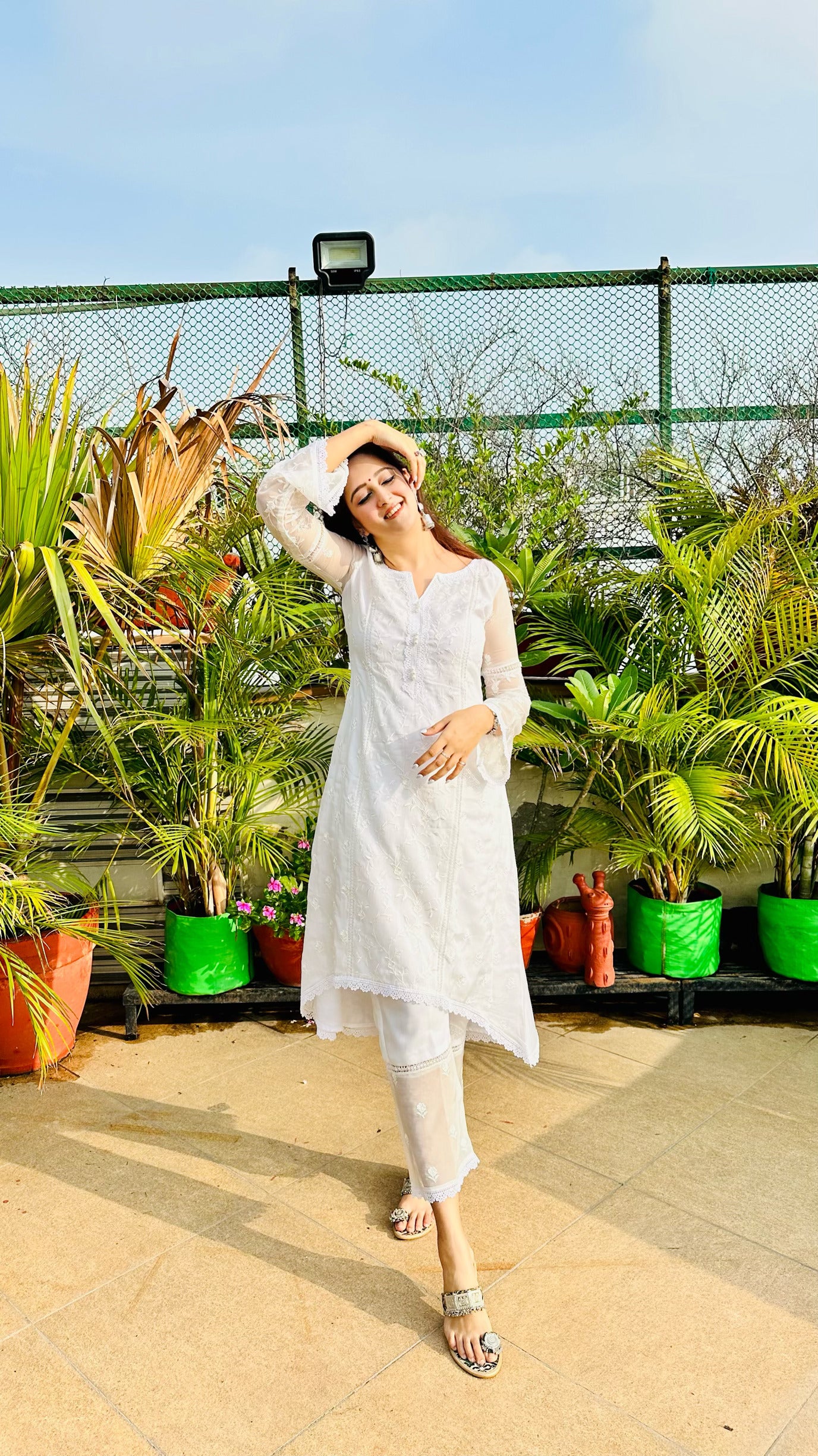 Mishti Sethi in Aseem Ivory White Embroidered A-Line Suit Set