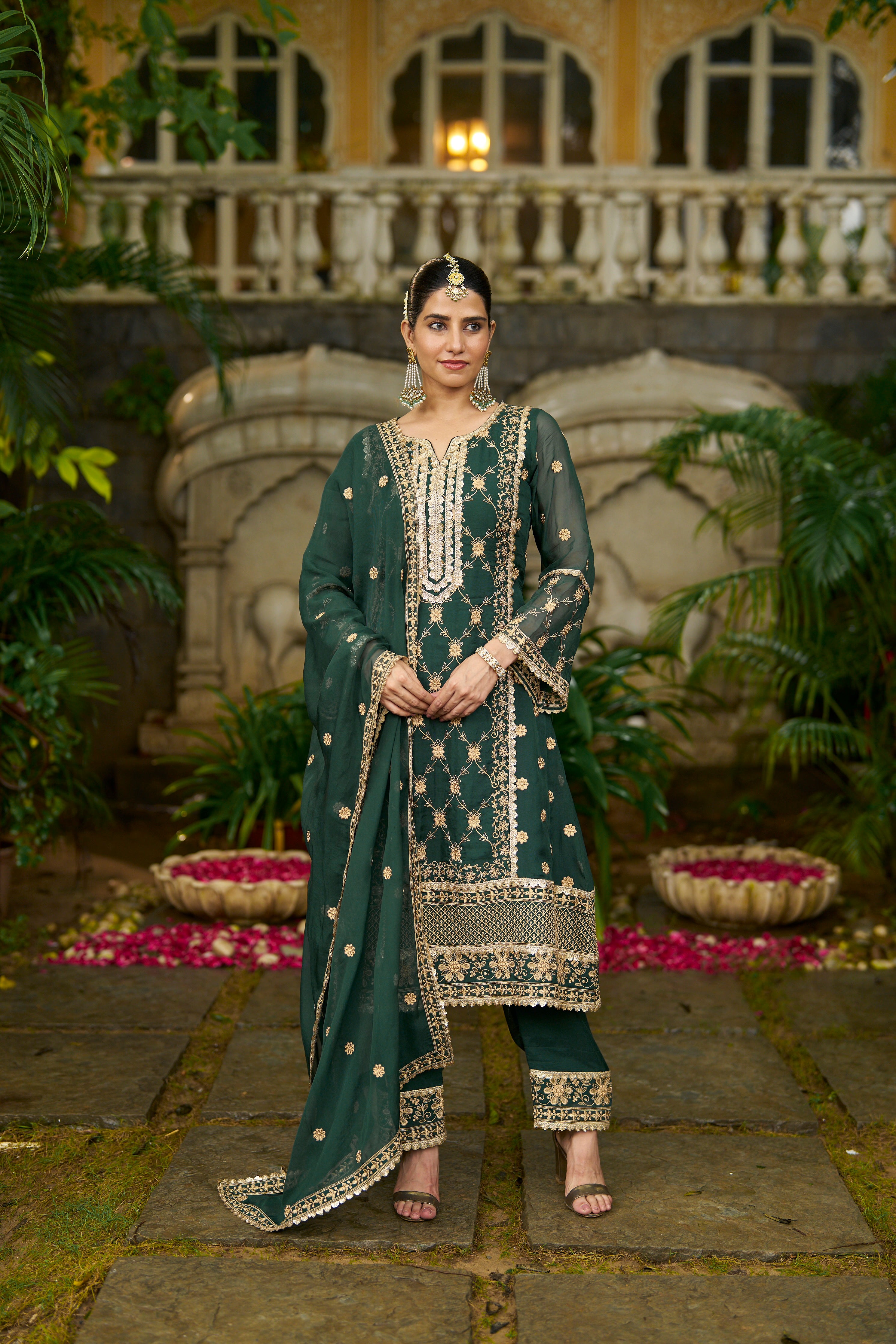 ISHITA - Green Organza A-line Suit Set