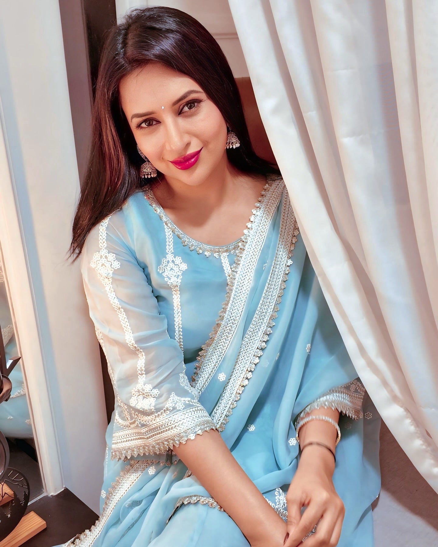 Divyanka Tripathi in Chandani - Blue Organza Sharara Set.