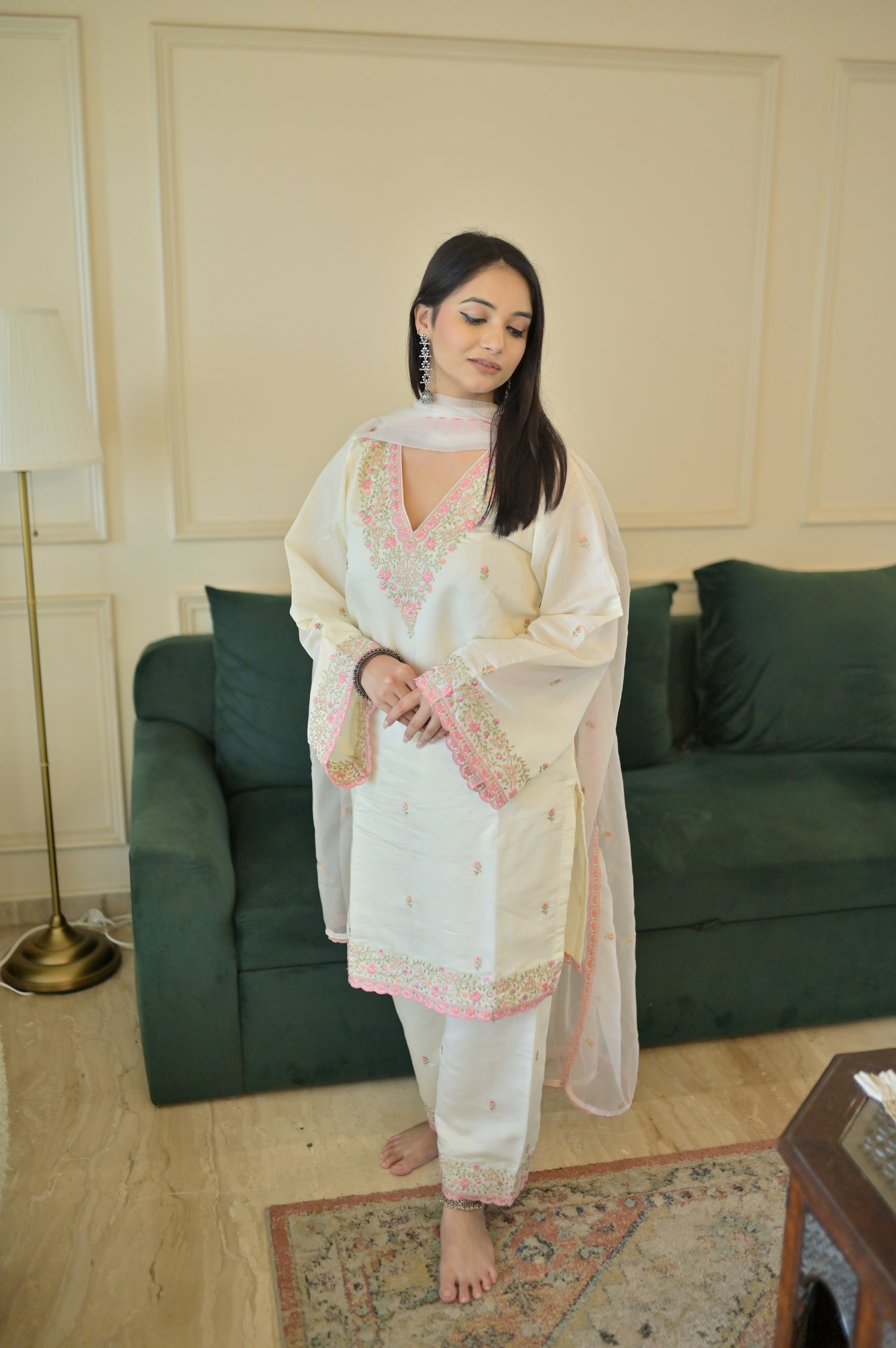 Antara Asthana in Moghra - Ivory White Chanderi Embroidered Suit Set.