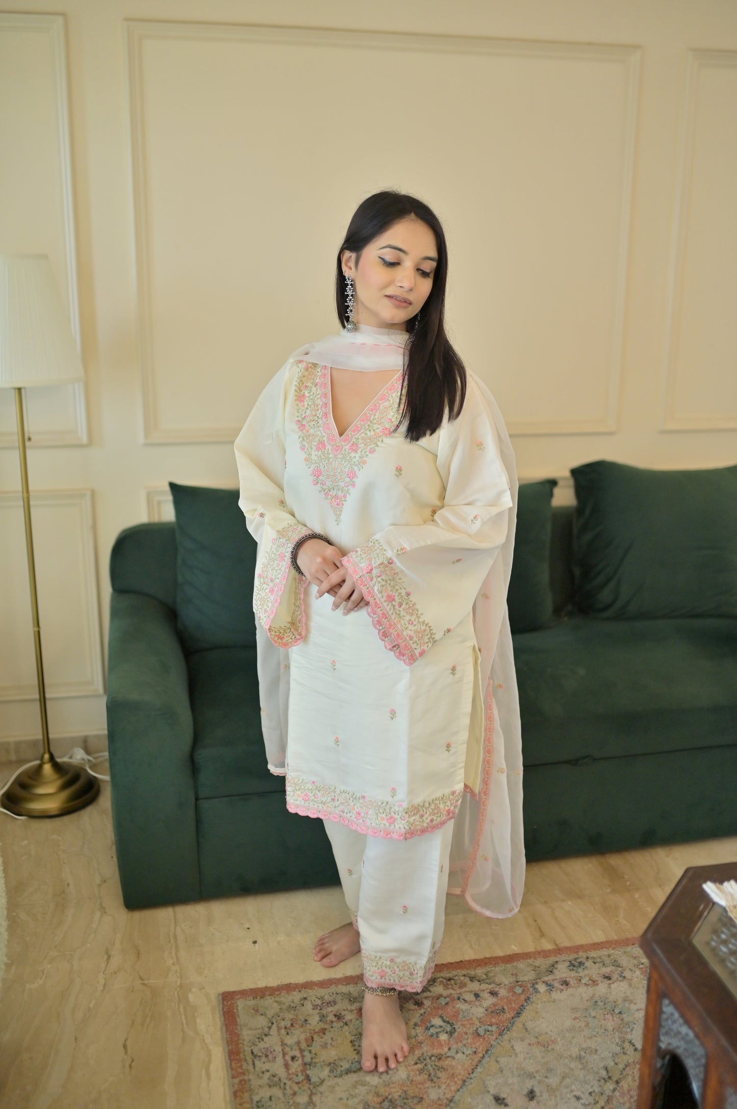 Antara Asthana in Moghra - Ivory White Chanderi Embroidered Suit Set.