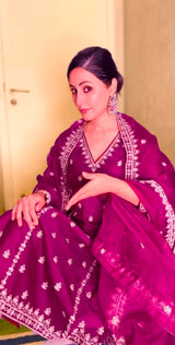 Hina Khan in Khushnir - Wine Chanderi Embroidered Suit Set