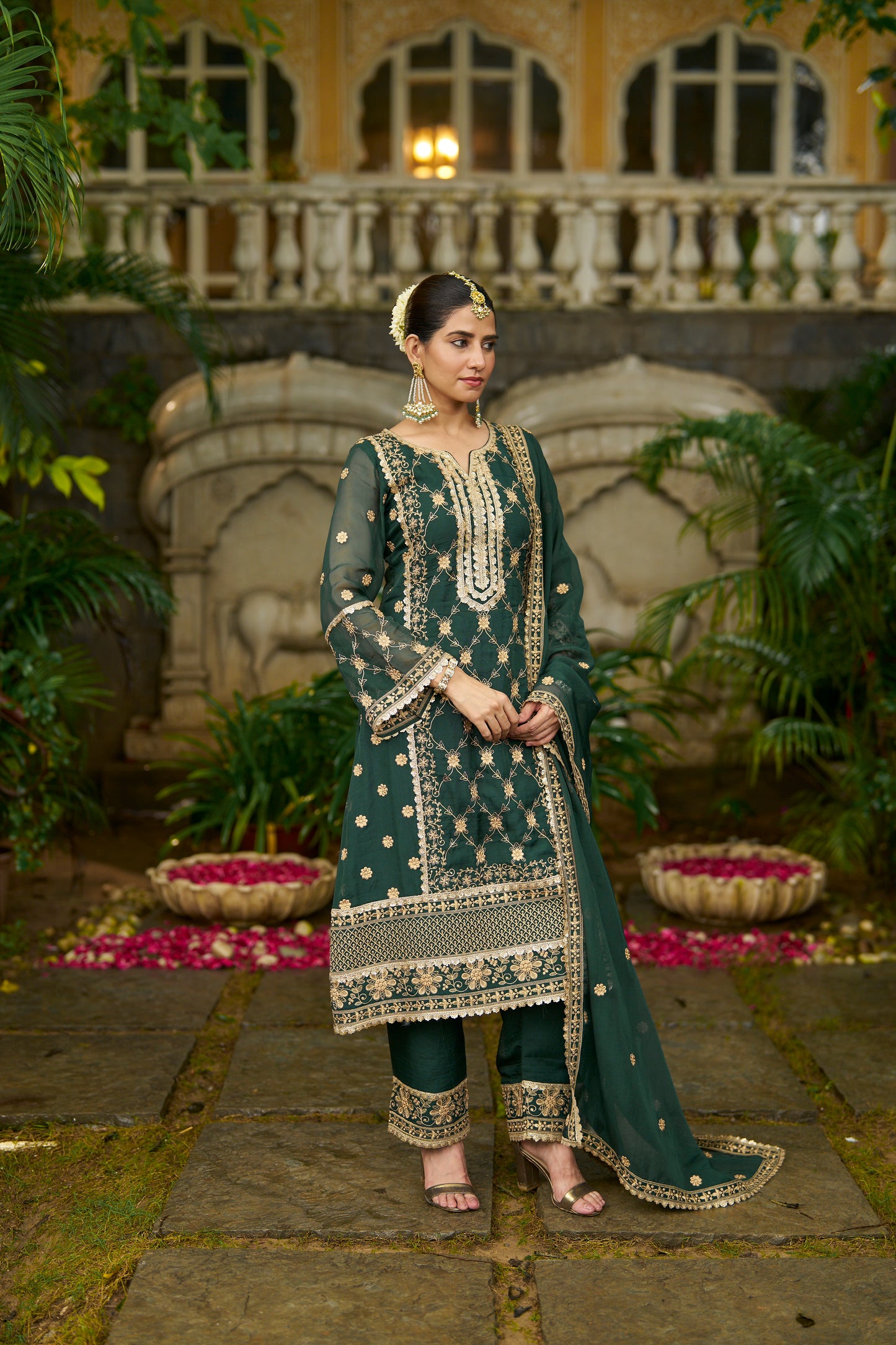 ISHITA - Green Organza A-line Suit Set