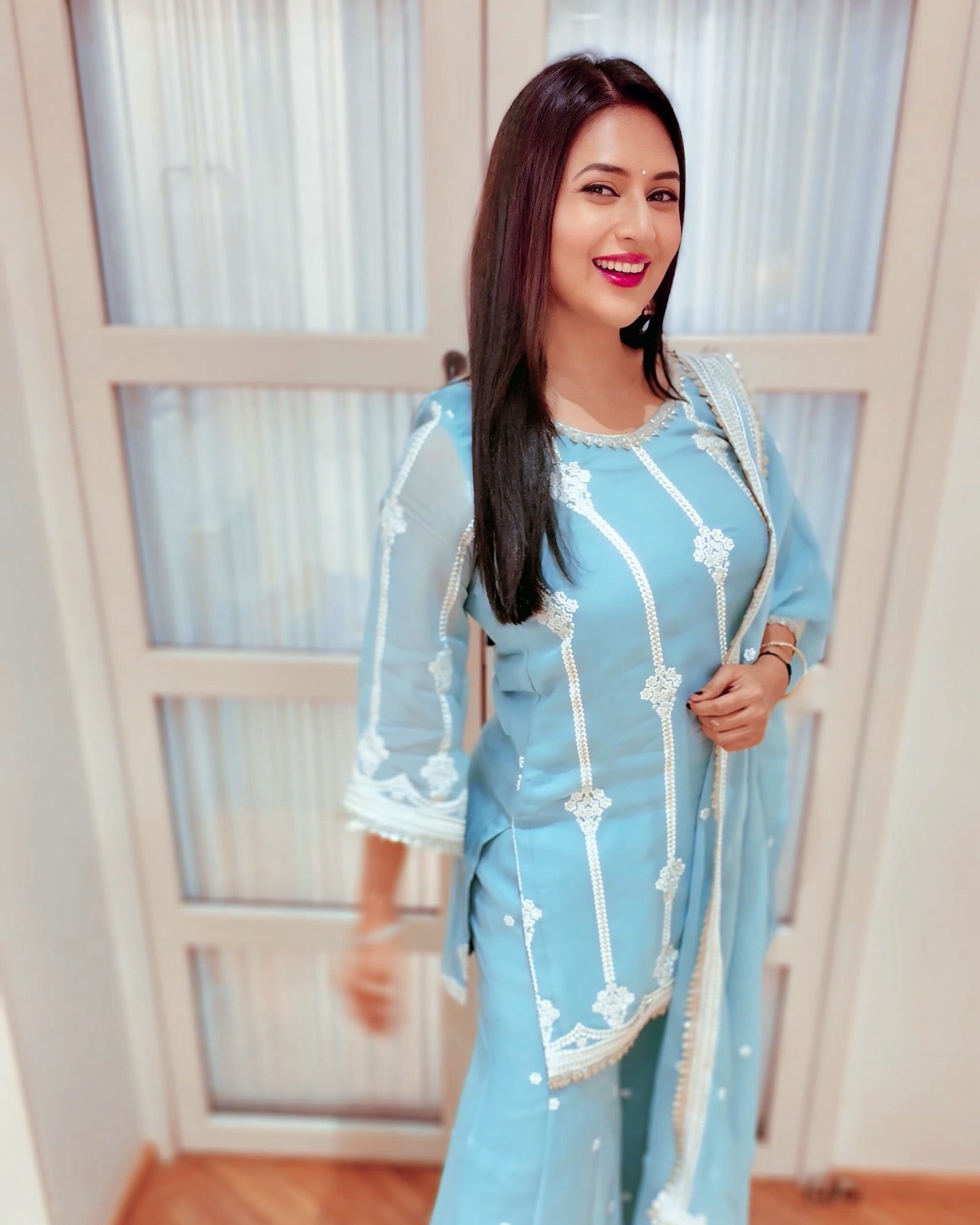 Divyanka Tripathi in Chandani - Blue Organza Sharara Set.