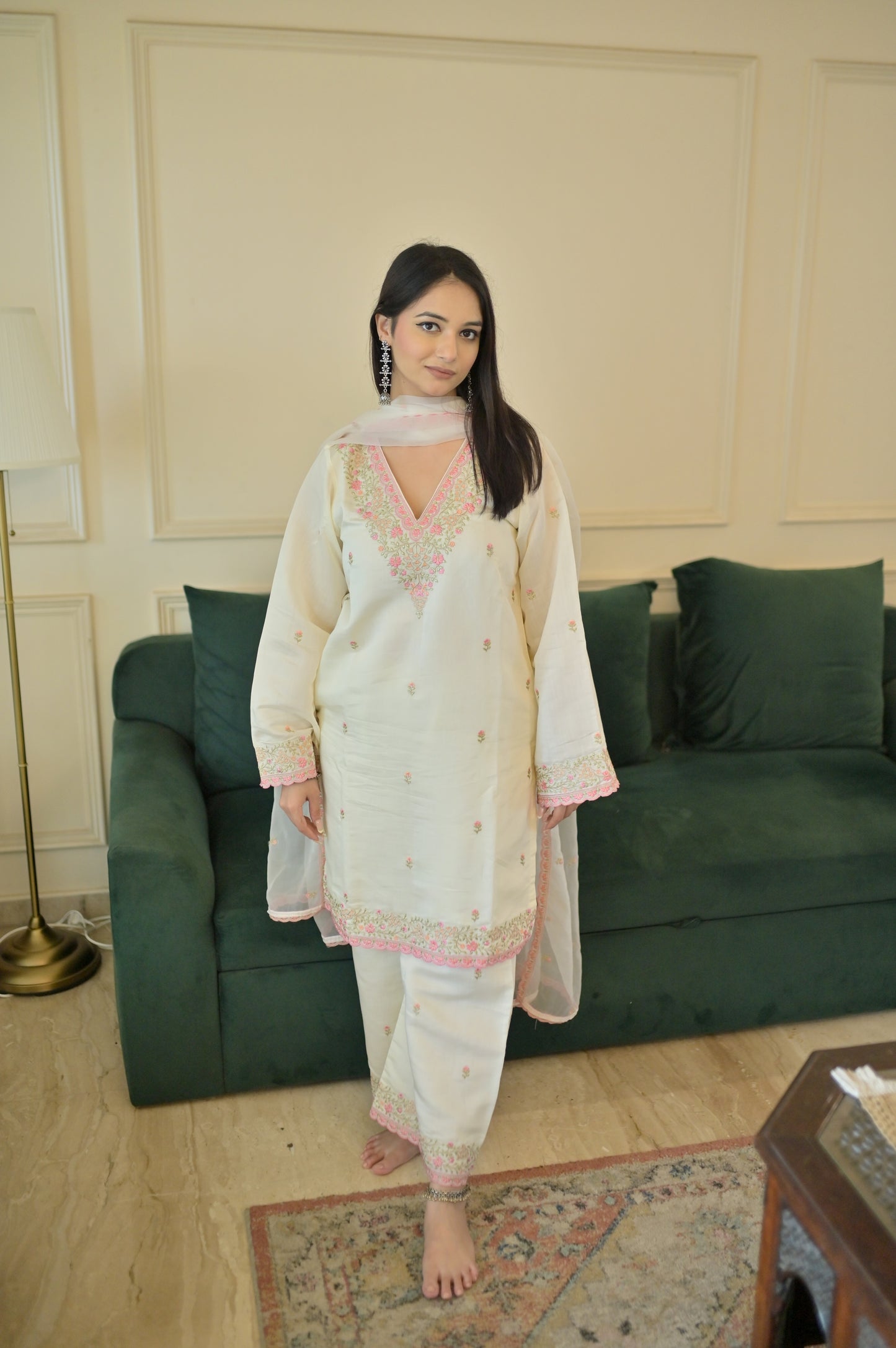 Antara Asthana in Moghra - Ivory White Chanderi Embroidered Suit Set.