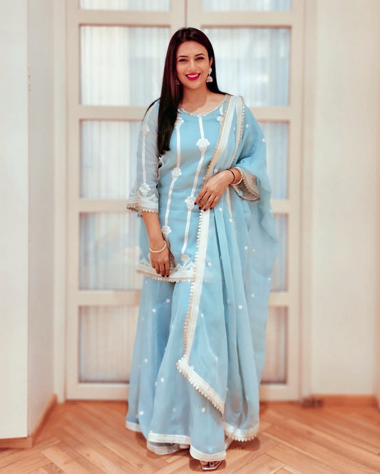 Divyanka Tripathi in Chandani - Blue Organza Sharara Set.